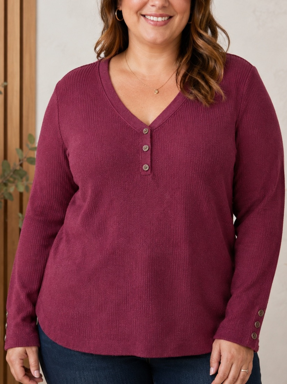 Roz & Ali Women's V-Neck Button-Front Sweater - Plum LARGE